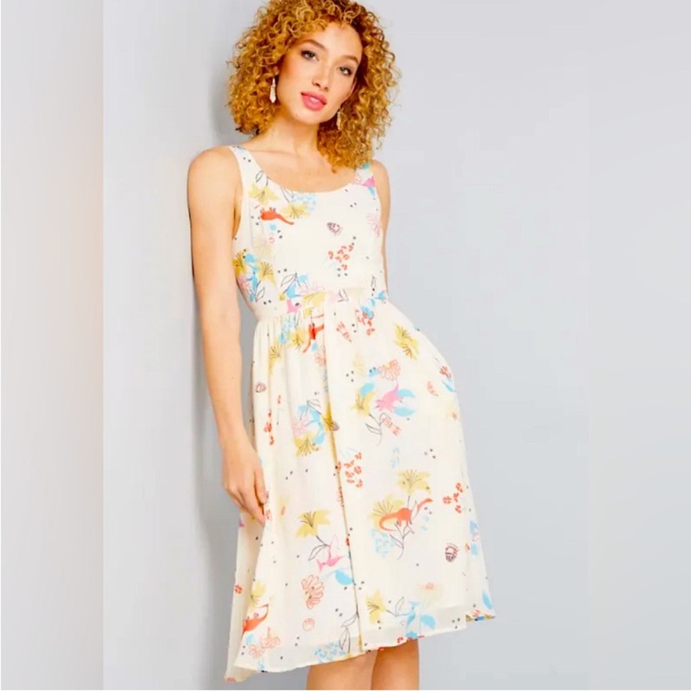 Modcloth White Floral and Dinosaur Midi Dress